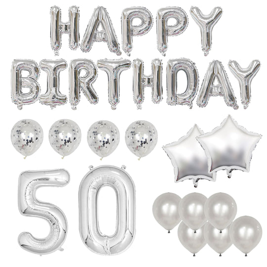Happy 50th Birthday Balloon Banner Deluxe Party Pack - Silver