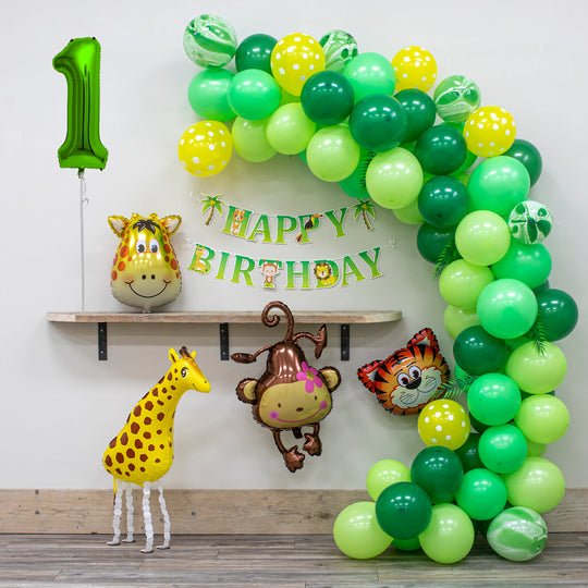 Jungle Themed 1st Birthday Balloon Arch Decoration DIY Kit - Includes 75+ Balloons (Green Numbers)